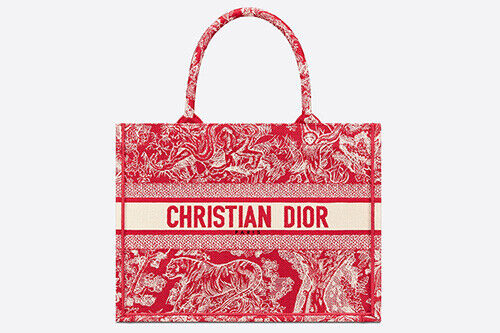 DIOR Medium Book Tote Bag Toile De Jouy Stripes Reversed Embroidered Red