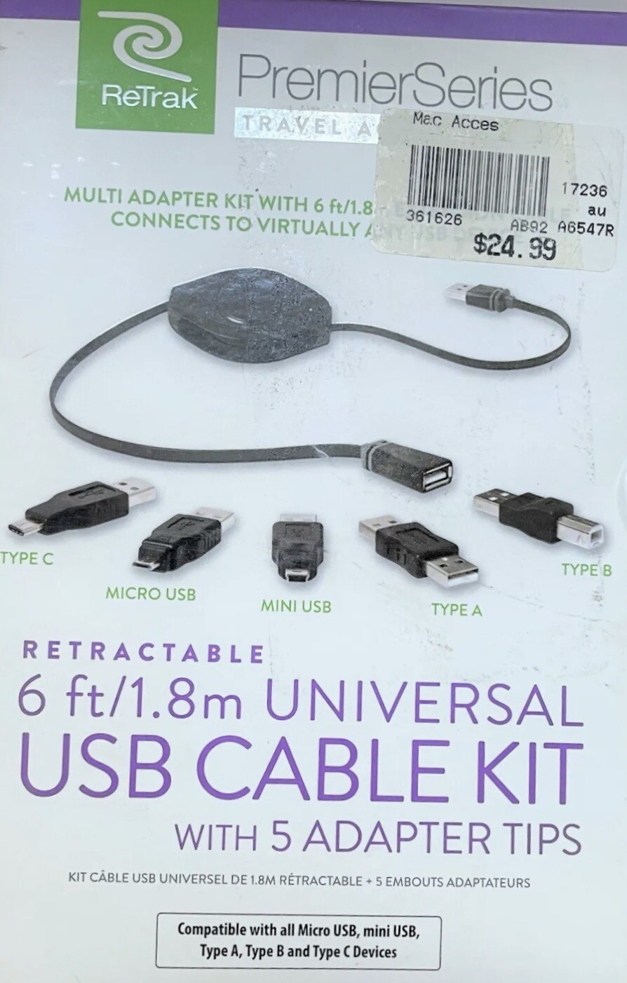 Retrak 6 Ft/1.8m Universal USB Cable Kit (w/5 Adapters Tips Black eBay