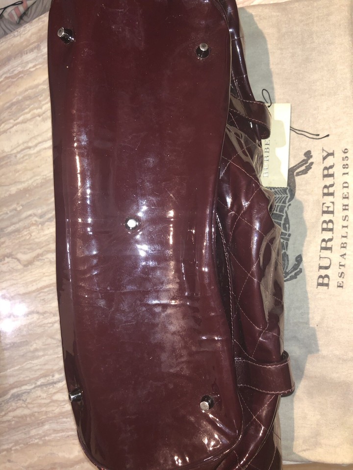 🥳 £1800 Authentic Burberry Burgundy Quilted Patent Leather Handbag Tote