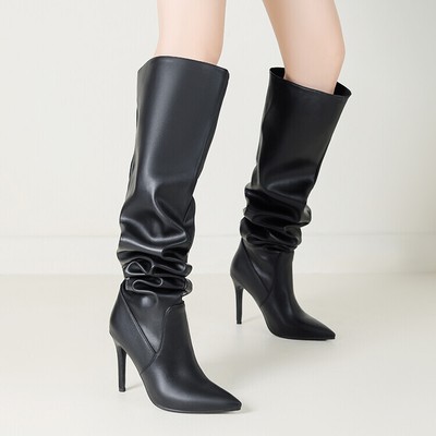Womens Over The Knee High Boots High Heel Pointy Toe Leather Pull On Dress  Boots