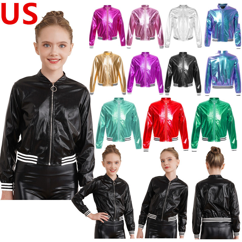 Kids Girls Shiny Metallic Bomber Jacket Baseball Long Sleeve Zip