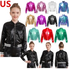 US Kids Girls Shiny Metallic Long Sleeve Bomber Jacket Jazz Hip-hop Top Coat