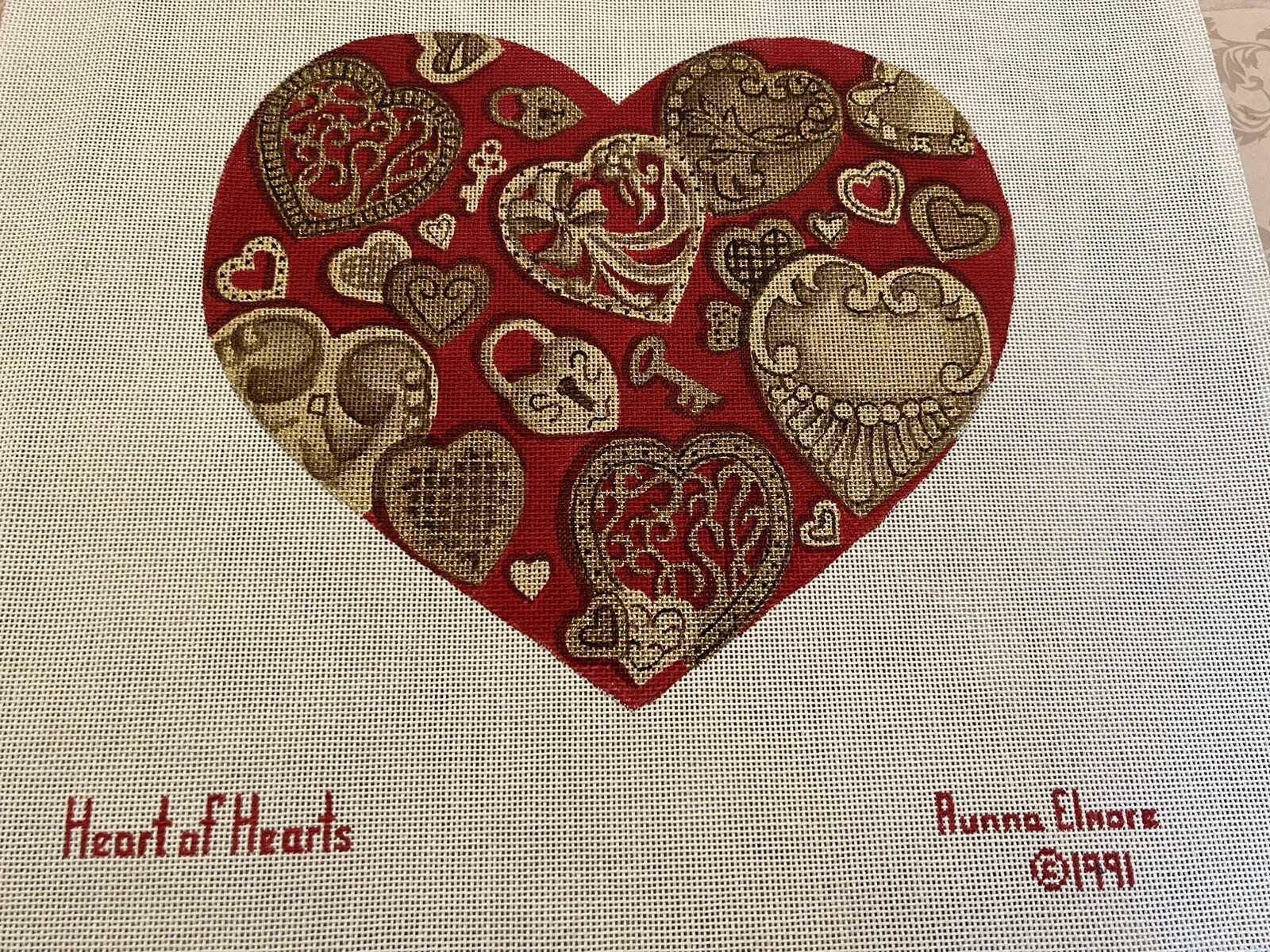 Hand Painted Aunna Elmore Needlepoint Canvas Heart of Hearts VINTAGE
