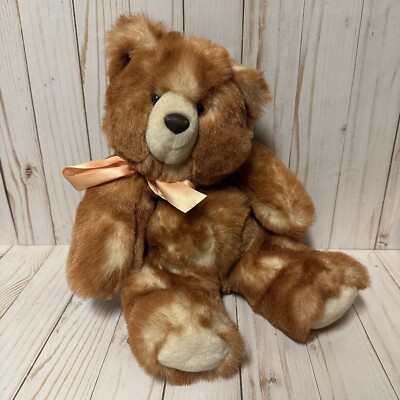 Vintage Heartline Teddy Bear Plush Brown Frosted Fur Orange Bow 14 Inch 1969
