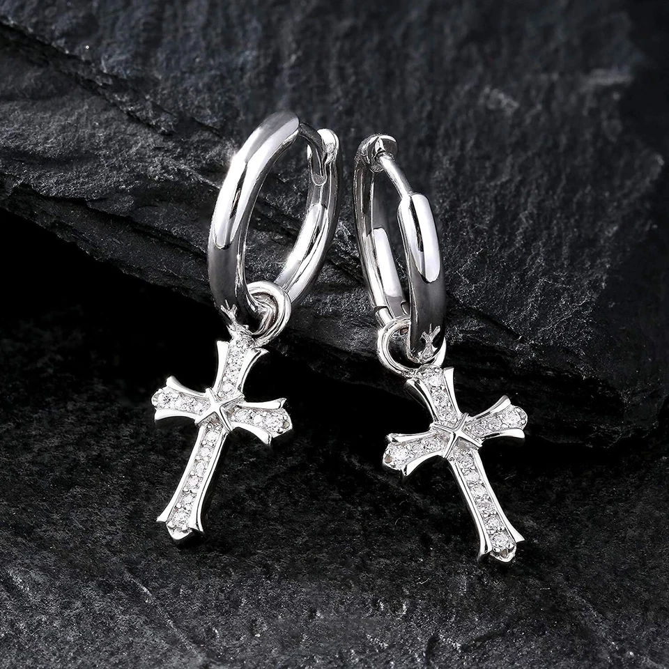 Men & Women 18K White Gold Plated CZ Cross Leverback Huggie Hoop Drop Earrings - Image 3 of 4