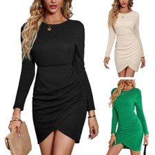 Womens Ruffle Neck Long Dress Autumn Winter Elegant Bodycon Midi Dresse