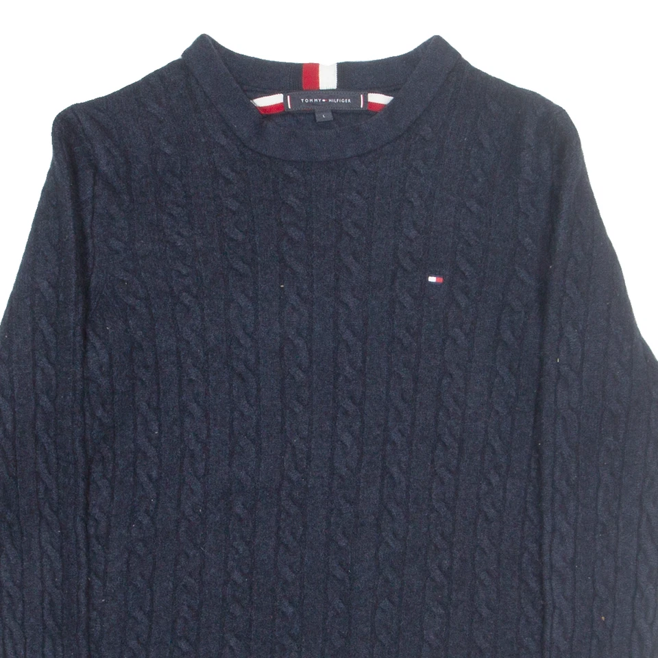 TOMMY HILFIGER Girls Jumper Blue V-Neck Cable Knit Wool L - Image 2 of 4