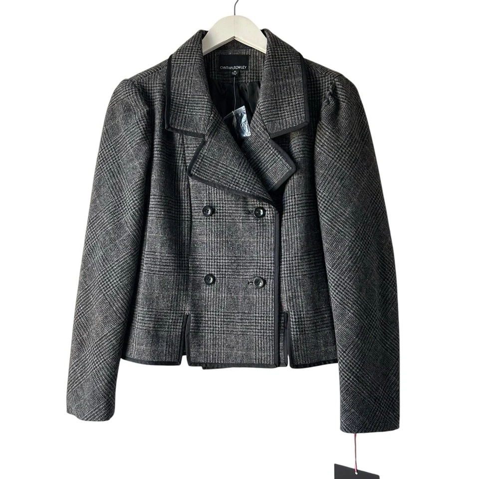 Cynthia Rowley Jacket Women's Sz M Gray Black Plaid Double-Breasted Wool Blend - Image 3 of 4