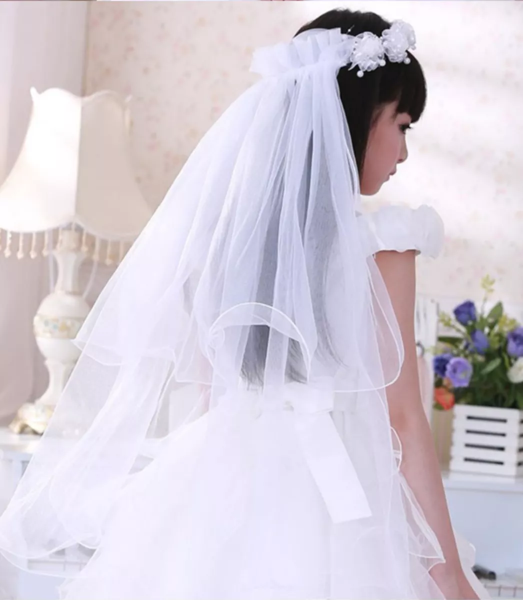 Women Flower Girl Children lace Pure White Wedding Veil Hair Head band  Garland