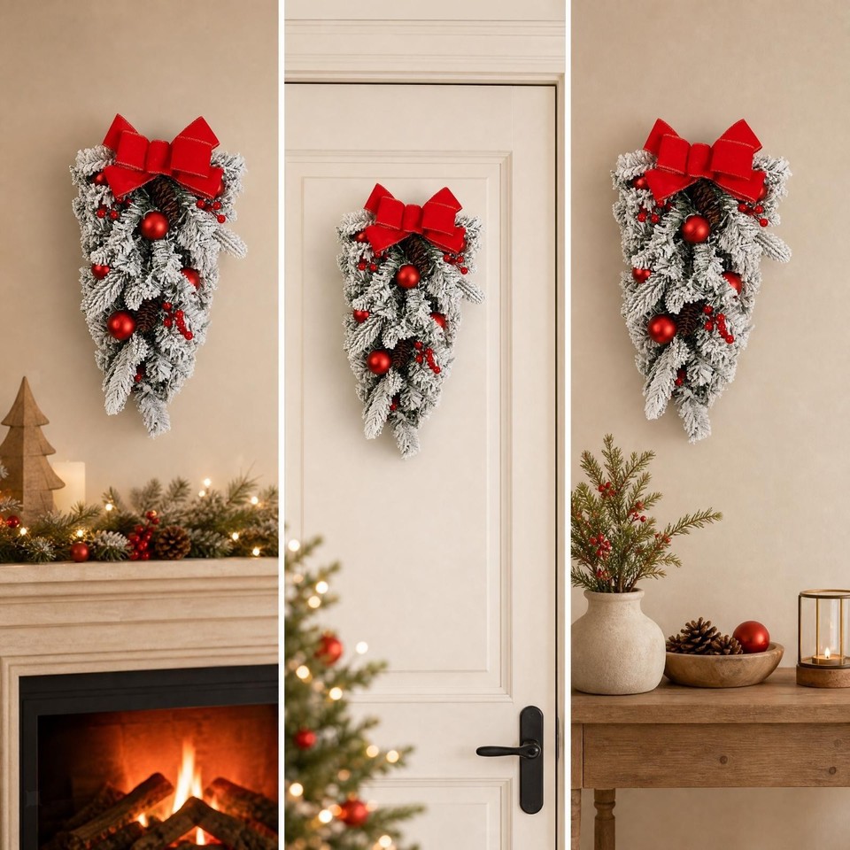 Flocked Hanging Tree with Red Bow Cone Shape Inverted Hanging Christmas ...