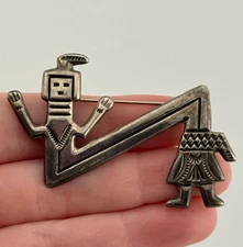 Vintage FJ Signed Native American Sterling Silver Zig Zag Yei Spirit Pin