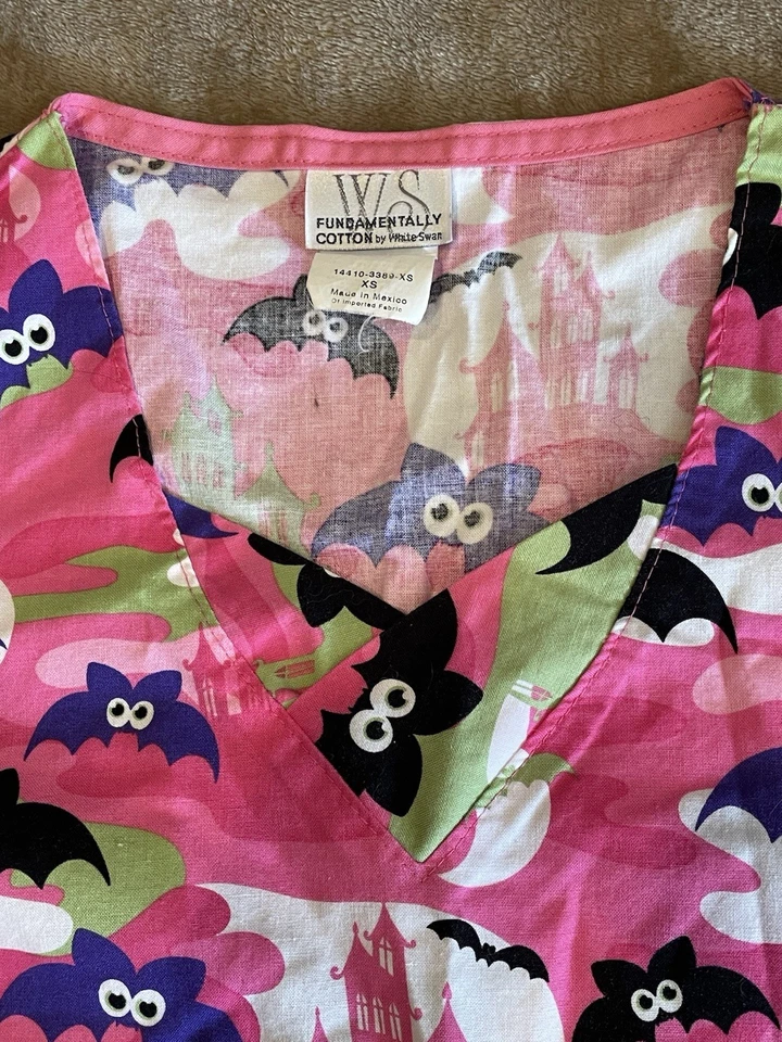 White Swan Fundamental Pink Halloween Scrub Top With Bats Size XS 100% Cotton - Image 3 of 4