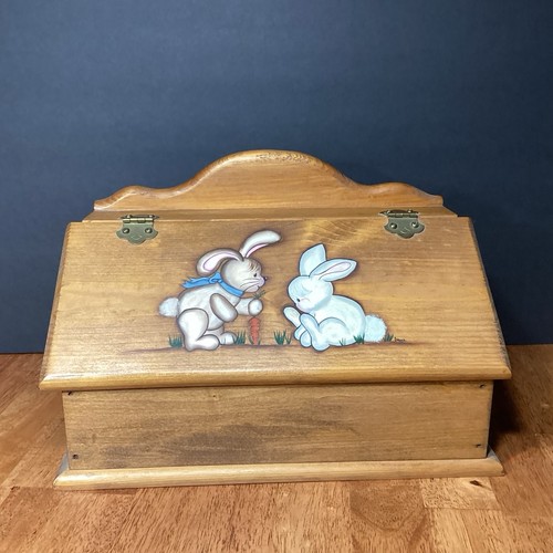 Vintage Painted Bunny Wooden Bread Box Farmhouse Country Kitchen Decor Rustic