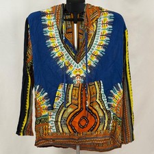 Womens Boho Dashiki Style Shirt Small Blue Orange Tribal Print Hooded Festival