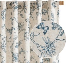 Lazzzy Charlotte Farmhouse Lined Linen Blue Floral Curtains 96 Inch Long Back