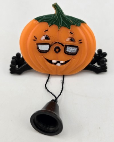 Vntg Pull String Halloween Pumpkin With Glasses Lapel Pin Happy Jumping Pumpkin  - Picture 1 of 5