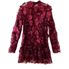 Women' Party Dress Large Burgundy Floral Embroidery Mesh Long Sleeve Date Night