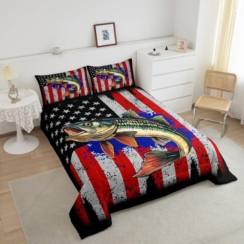 Bass Fish Comforter Sets Size for Boys Kids Teens,American Flag Fish Full Red - Picture 4 of 8