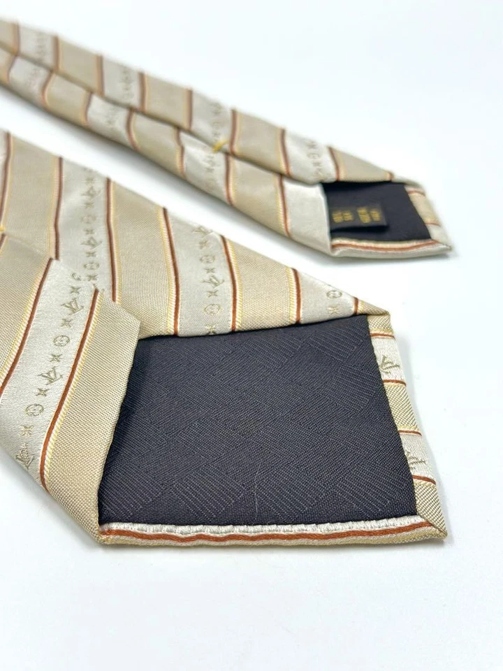 Corbata Louis Vuitton seda monograma rayas oro plata usada SA-A Foto 2 de 4