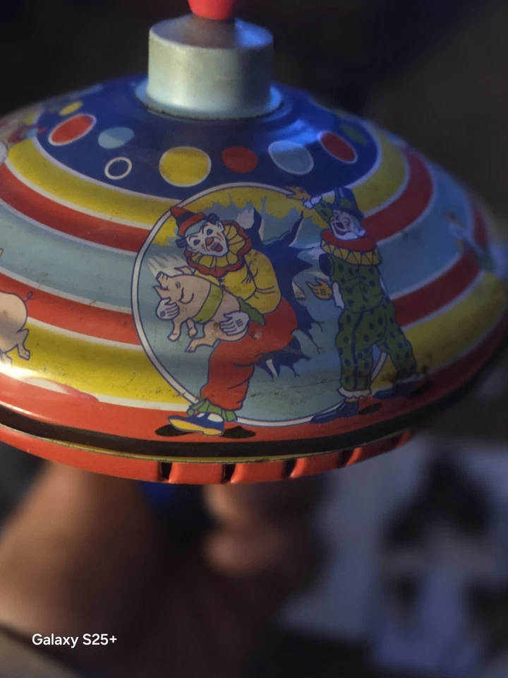 Juguete de circo giratorio de metal de hojalata Schylling vintage - payasos y elefantes Foto 3 de 4