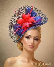 Aimee Fuller Kentucky Derby Fascinator Navy Blue Red Royal Ascot Hat Del Mar Hat