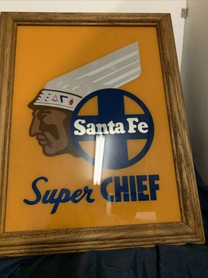 Santa Fe Super Chief geätzter Glasspiegel Vintage gerahmt Indianerkopf Eisenbahn
