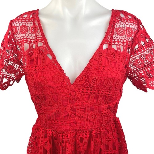 o.p.t Women's Red V-Neck Short Sleeve Back Zipper Lace Fit & Flare Midi Dress S - Picture 3 of 5