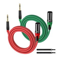 XLR Male to 1/4 6.35mm TRS Mono Jack Cable 10FT, 2 Pack, Red and Green, for D...