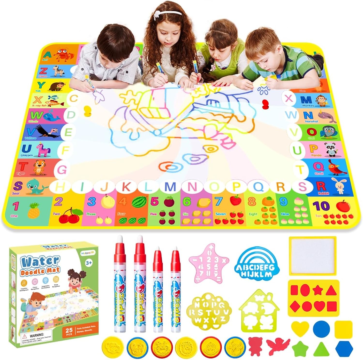 MELAND Water Doodle Mat 120x90cm Aqua Magic Drawing Board with Pens Stamps