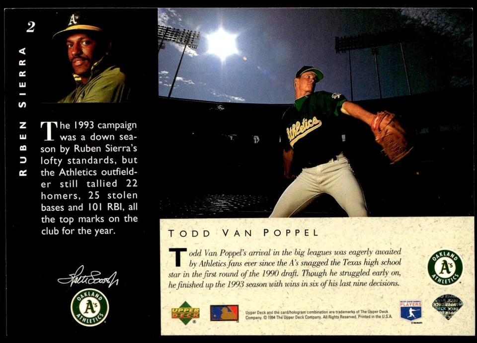 1994 Upper Deck All-Star Jumbos Ruben Sierra/Todd Van Poppel Oakland Athletics - Image 2 of 2