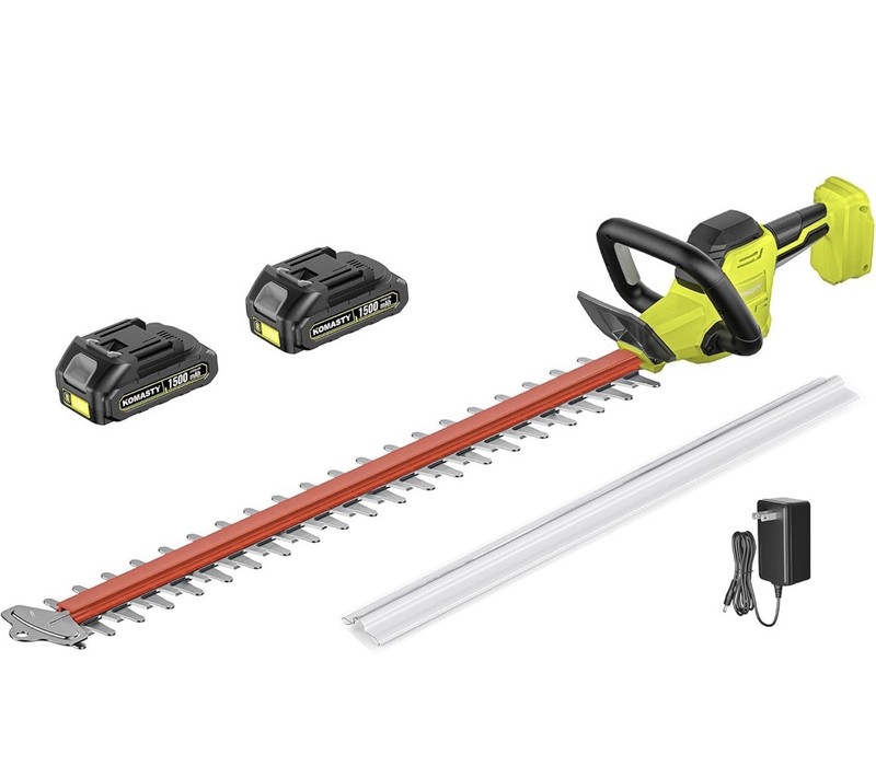 KOMASTY Cordless Hedge Trimmer 22 in Blade, 2x 1.5Ah Batteries, Charger