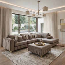 Luxury | Lilly Corner Sofa |Chaise End | Mink Velvet |Extra pillows | Gold Legs
