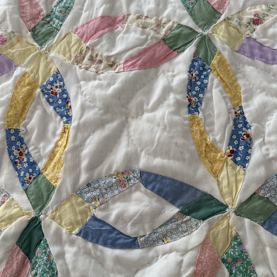Handmade Farmhouse Double Wedding Ring Patchwork Quilt Queen Size A Few Tears eBay