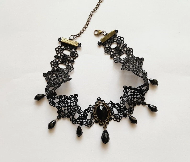 Collar Gargantilla Victoriano Negro Encaje con Cuentas Negras Vintage Sexy Punk Gótico Foto 4 de 4