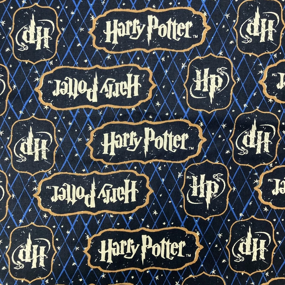 3/4 Yards - 35" x 45" Harry Potter HP Logo 100% Cotton Fabric RARE Blue Black - Image 2 of 4