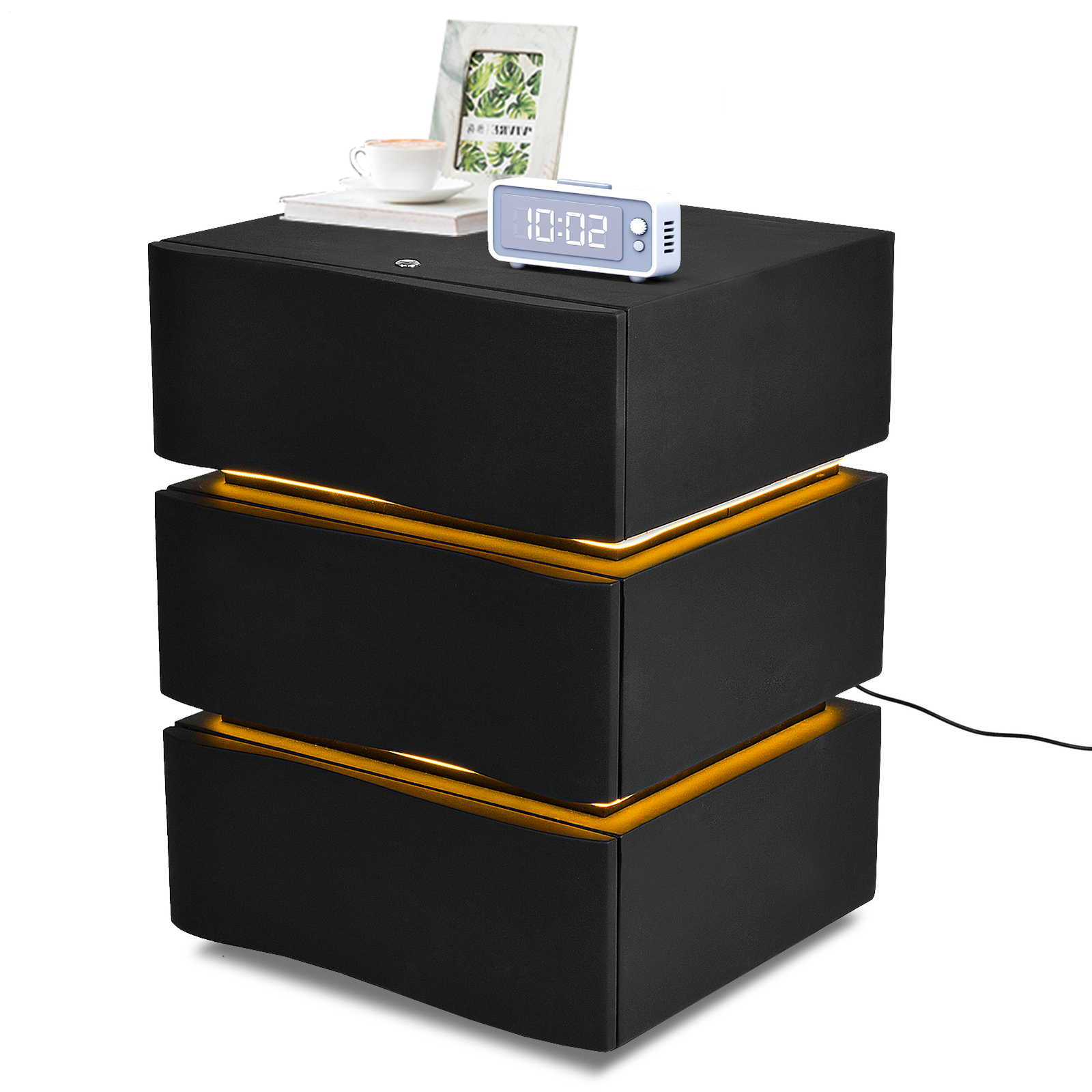 Modern Leather & Solid Wood Nightstand with LED Light Strip 2/3 Drawer Furniture