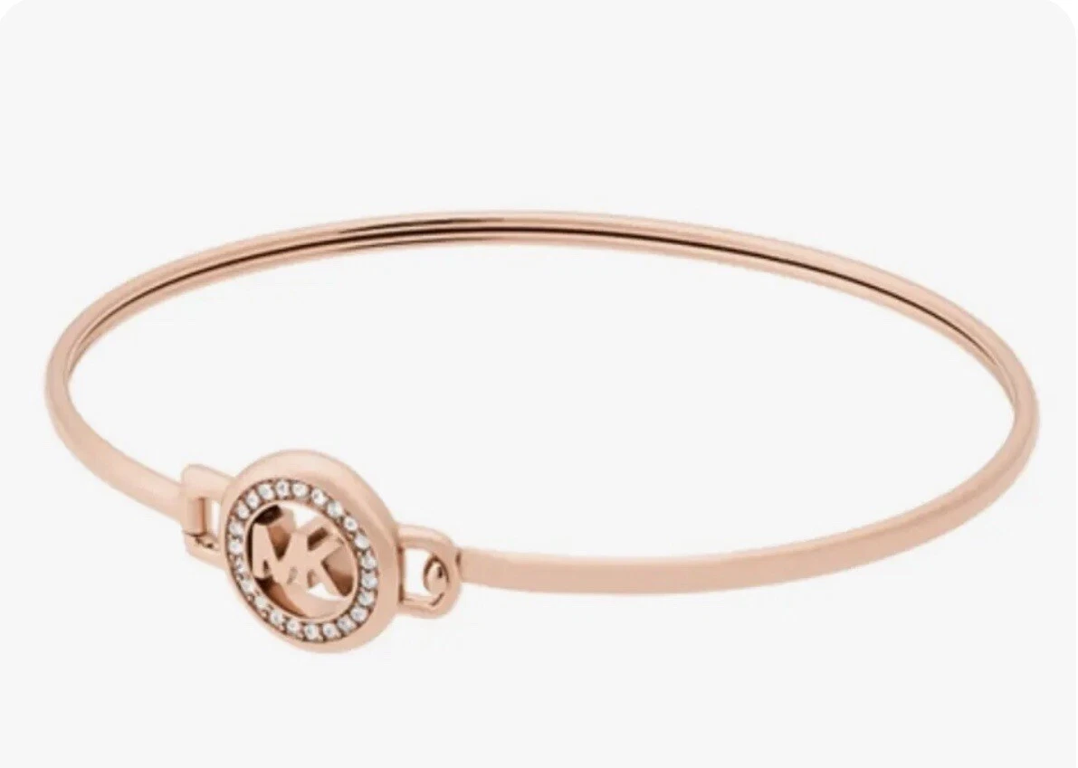 Signed MICHAEL KORS MK Logo Rose Gold Crystal Bangle Bracelet