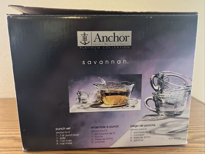 Anchor Hocking Savannah Platinum Punch Bowl Set 9 piece Made in