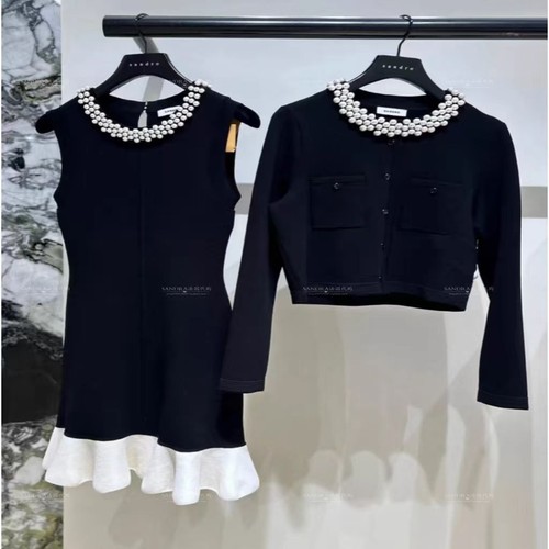 Sandro Knit cardigan + A-line skirt+Studded ruffled fishtail knitted vest dress