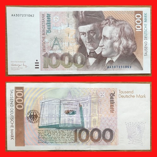 Ⓜ️ 1000 Deutsche Mark ☘️ 1.August 1991 💥 DM Schein Bundesbank 🍄 AA3072310K2 🌐
