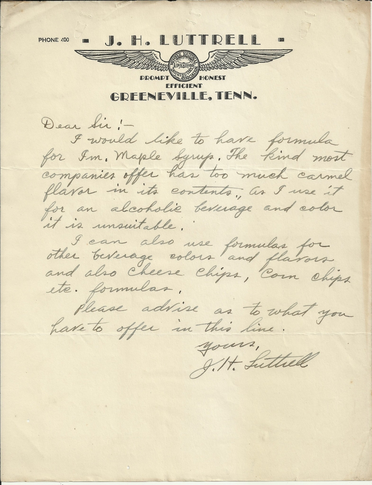 OLD VINTAGE J. H. LUTTRELL GREENEVILLE TENNESSEE LETTER LETTERHEAD eBay