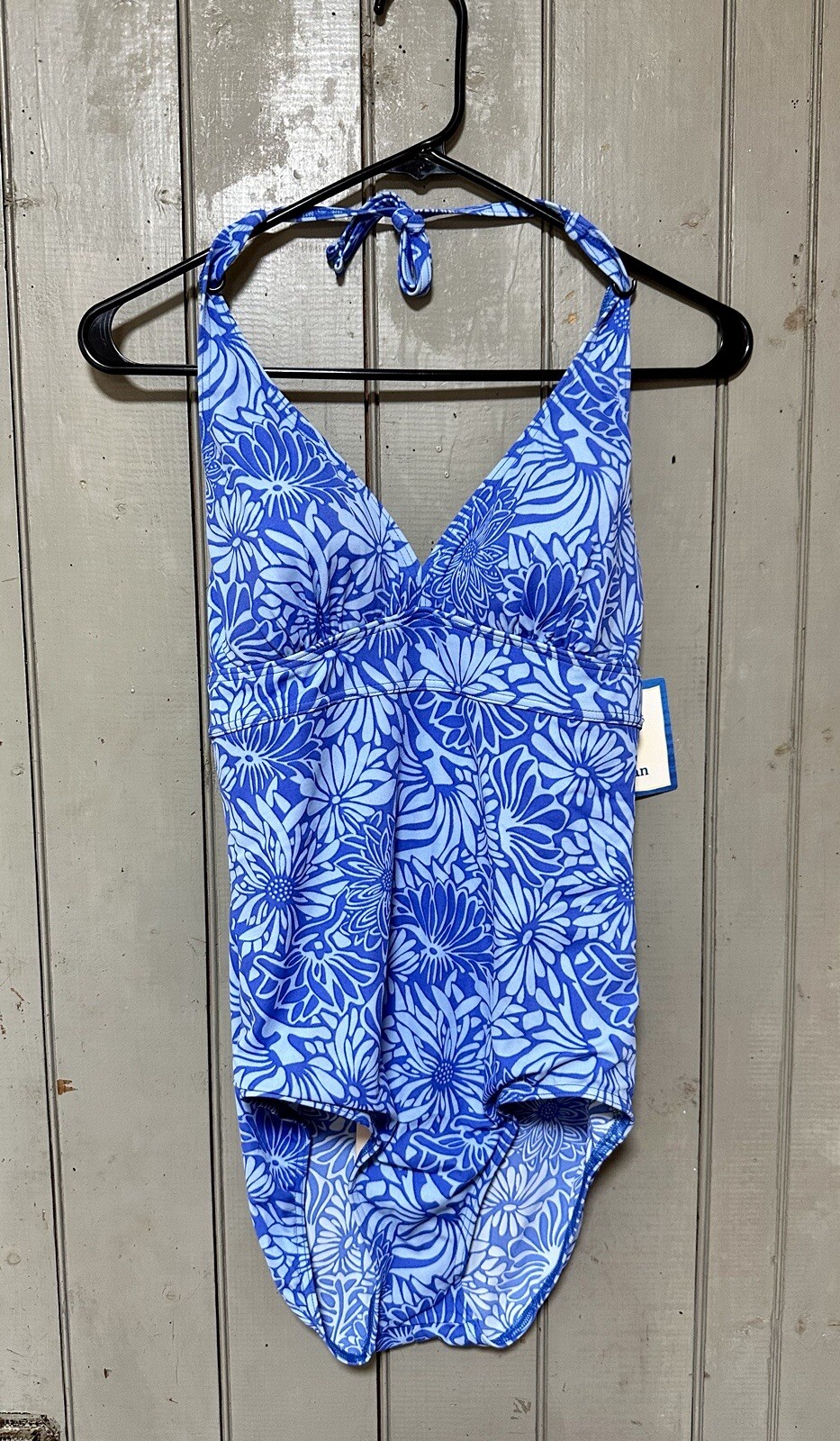 Women’s 1pc LLBean 12 Long Swimsuit Bathing Suit, Blue Floral Halter