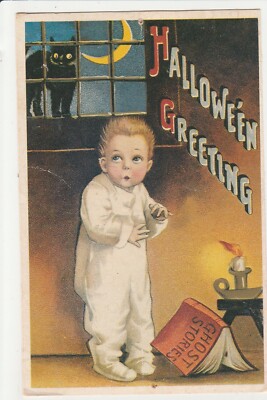 Halloween Greeting Boy scared reading ghost stories black cat in window Postcard