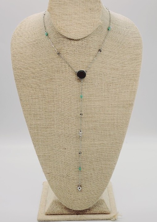 Ann Taylor LOFT Silver Tone Long Necklace Y Drop Green Beaded 28 in
