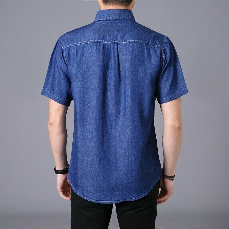 Men Denim Shirts Cotton Working Jean Top Loose Casual Short Sleeve Plus