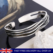 Solid 925 Sterling Silver Unisex Geometric Wave Braided Bangle Cuff Bracelet