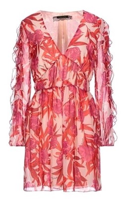 PATRIZIA PEPE Sheer Overlay Designer Red Floral Long Sleeve Ruffle Mini Dress S
