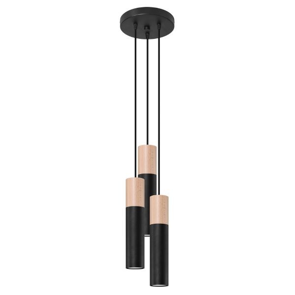 Suspension GU10 3 lampes Pablo en bois et métal noir pour cuisine ouverte et îlot