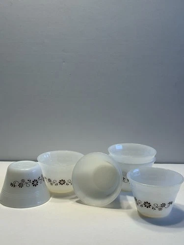 Vtg Dynaware Pyr-o- Rey Milk Glass Custard Cup; Brown Daisy,Set of 6; Flared Rim