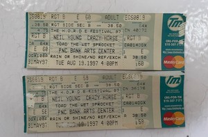 two NEIL YOUNG CRAZY HORSE 1997 ORIGINAL TICKETS PNC ARTS CENTER unbroken stubs